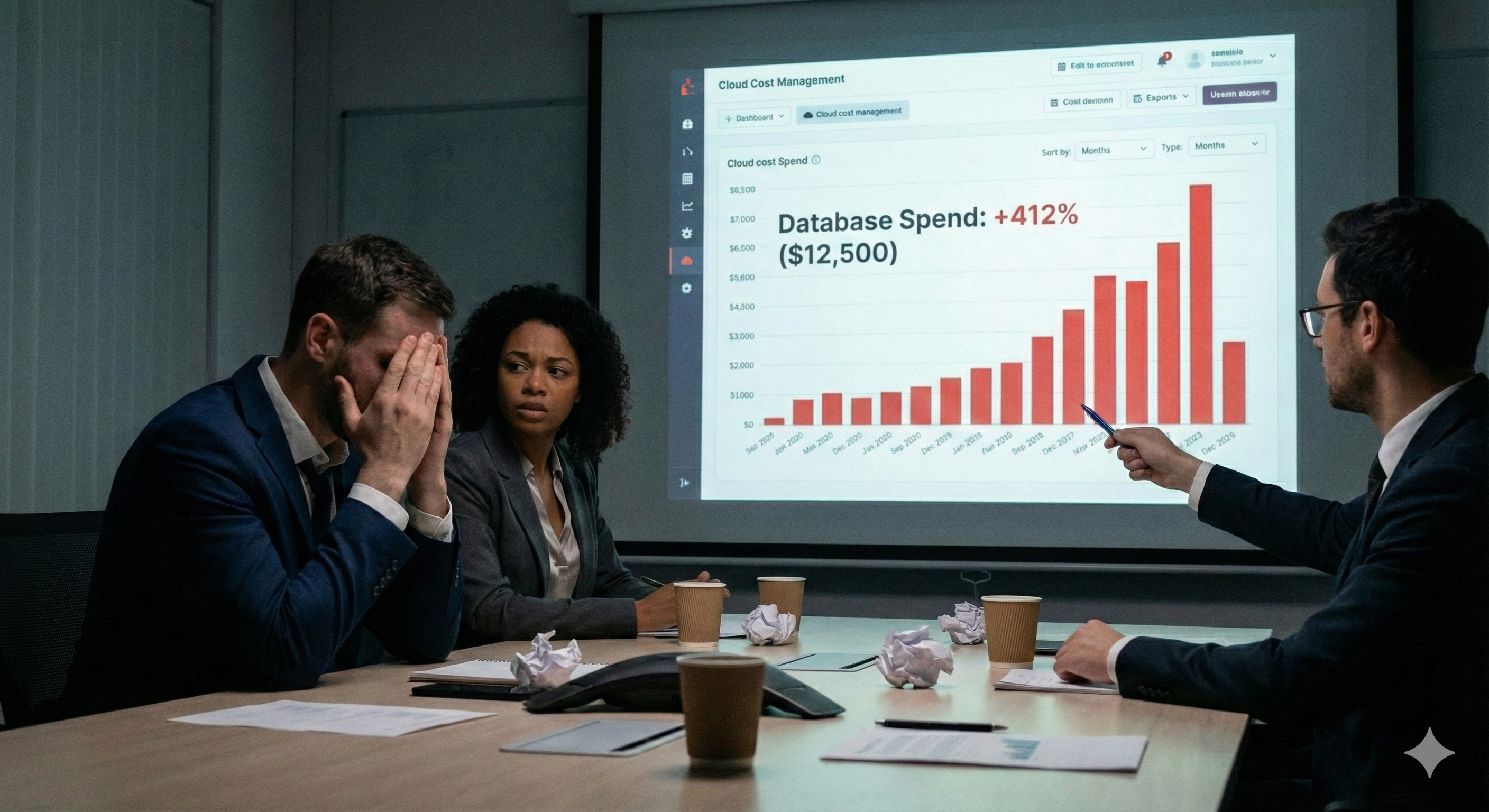 Team in boardroom looking distressed at database spend chart showing +412%