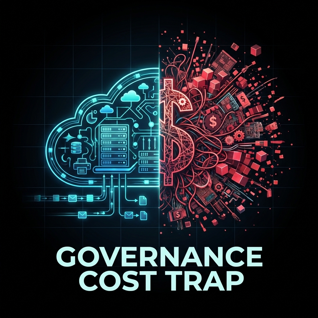 Governance Cost Trap: Organized cloud infrastructure on left fragmenting into chaotic cost explosion on right